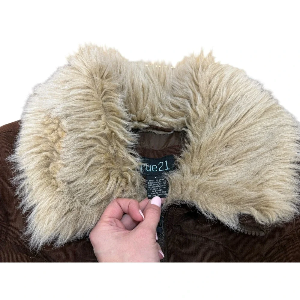 Vintage Y2K Corduroy Puffer Jacket Faux Fur Coat Women XL Chocolate Brown Sherpa
